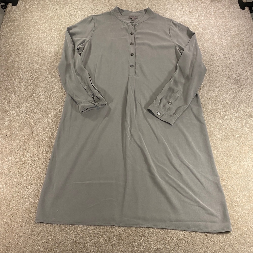 J. Jill Silk Shift Dress Womens Medium Gray Mandarin Collar Long Sleeve Tunic